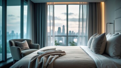 Poster - Stylish contemporary bedroom with a bright, airy feel, large windows, and a spectacular view, embodying the perfect mix of comfort and modern aesthetics.