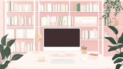Poster - Minimalist Home Office Setup with Computer and Bookshelves in Soft Pink Tones, Front View, Illustration Style
