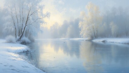 Poster - serene snowy landscape featuring water reflection and blurred frosted trees at dawn