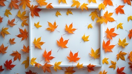 Poster - Maple Leaf Frame for Autumn Scene on White Background, Top View with Copy Space