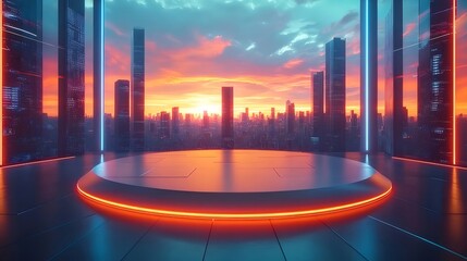 Aufkleber - 未来的な都市景観 夕暮れ時のネオンライトが輝く高層ビル群 抽象的な都市の背景デザイン