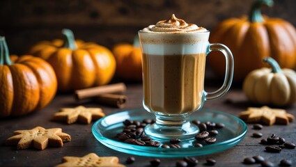 Poster - Autumn-themed Pumpkin spice latte in a tall glass placed on wood, surrounded by cinnamon, pumpkin, cloves, spices, and cookies, viewed from the side in close-up