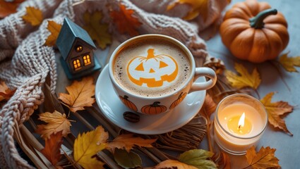 Aufkleber - Still life arrangement of autumn vibes with pumpkin, coffee, and leaves