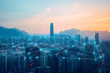 Aufkleber - 青とオレンジの夕暮れ時の香港のスカイラインとデジタルネットワーク 夜の都市景観 高層ビルと山並みが背景