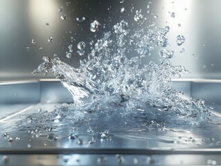Poster - Water splash on metal surface in studio shot with high speed photography capturing motion and detail of liquid