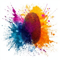 Fototapete - Colorful Identity: Fingerprint Impression with Vibrant Paint Splatters on a White Canvas