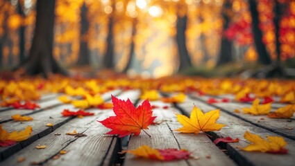 Poster - Yellow and red autumn leaves on wooden floor, out of focus natural backdrop with trees in forest.