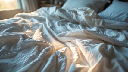 Poster - disheveled bed with rumpled sheets and duvet in morning sunlight, highlighting the messy bed concept