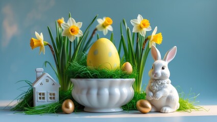 Poster - Bright Easter eggs nestled with blooming daffodils in a white pot, featuring a cheerful bunny and small house scene.
