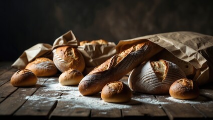 Poster - Bread fresh from the oven on a wooden surface