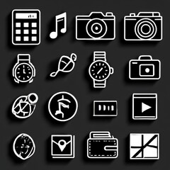 Poster - Outline Illustration Featuring Daily Lifestyle Icons on a Black Background - Photography, Tech, Fashion, and More