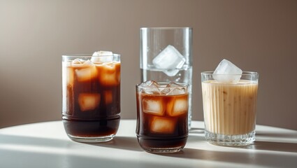 Poster - Refreshing cold coffee beverages with ice cubes in various glass sizes, perfect for summer