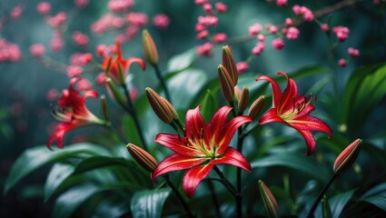 Fototapete - Garden scene with Red Lily flower and green leaves