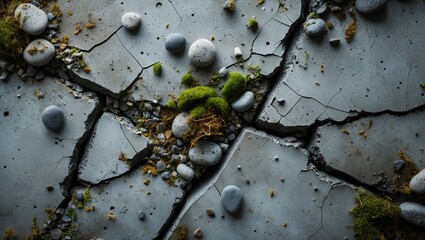 Poster - Surface of Weathered Concrete with Moss and Pebbles in the Cracks