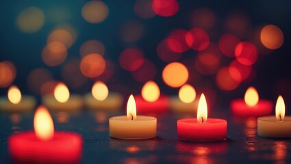 Fototapete - Dark red bokeh backdrop with blurred candle lights