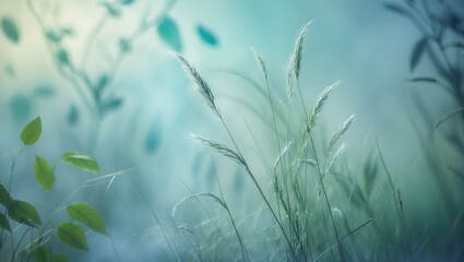 Poster - Pastel-themed floral background in soft focus, highlighting green leaves and blue hues for a natural wallpaper design.