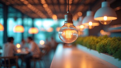 Poster - Blurry interior scene featuring a lit light bulb hanging from the ceiling, set against a background of design elements