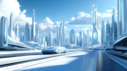 Aufkleber - 青と白の未来的な都市景観 高層ビルが並ぶ現代的な都市デザイン 道路を走る白い車と明るい空