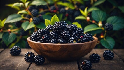 Aufkleber - Wooden table with a bowl of juicy blackberries