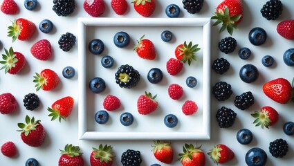 Poster - Many different types of berries arranged as a frame on a background