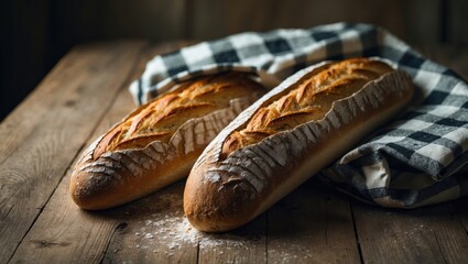 Poster - A pair of crispy, homemade baguettes resting on a wooden surface.