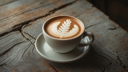 Poster - Stylish cappuccino featuring latte art on a rustic wooden table, ideal for summer outdoor cafe scenes.