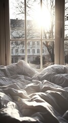 Poster - Morning Sunlight Streaming Through Window Illuminating Bed Sheets in Bedroom Interior Cozy Home Scene