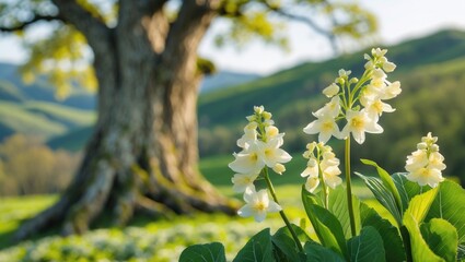 Leinwandbilder - An up-close shot of a flowering tree with vibrant petals and green leaves amidst a tranquil landscape.