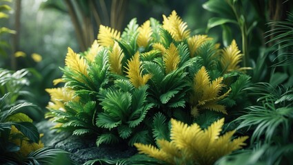 Poster - Golden false aralia, Euodia ridleyi ornamental plant featuring vibrant yellow broccoli-like blooms