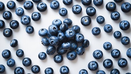 Poster - Top view of a handful of ripe blueberries with green leaves against a clean white surface