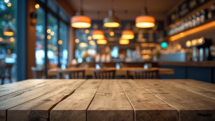 Poster - Blurred Cafe or Bar Interior Featuring Wooden Countertop and Product Display