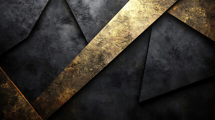 Poster - Geometric arrangement of black textured shapes accented with gold metallic elements creating a luxurious abstract background