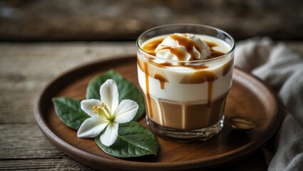 Poster - Flower-decorated latte ice coffee served on a plate