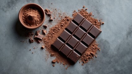 Poster - Flat lay of chocolate bar and cocoa powder against grey background, with room for text