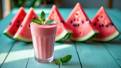 Poster - Refreshing summer cocktail in a glass with watermelon and mint.