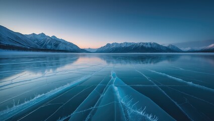 Wall Mural - dawn over icy landscape with mountain backdrop and frozen water