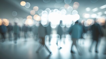 Poster - Indoor meeting scene featuring a white, blurred bokeh background and numerous attendees