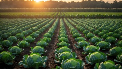 Poster - Organic broccoli cultivation at sunset in lush fields highlighting sustainable agriculture and growth