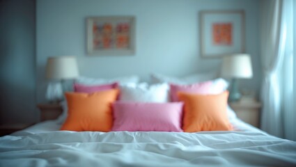 Poster - Contemporary bedroom design emphasizing simplicity, warmth, and harmony through soft textiles and vivid colors
