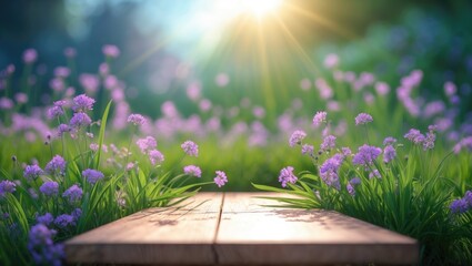 Wall Mural - wooden table showcase with a garden backdrop of grass and foliage under strong sunlight