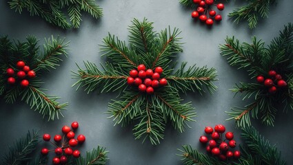 Aufkleber - Top view composition of fir tree branches and red berries on gray surface