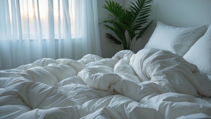 Poster - Disheveled bed with white linen pillow and duvet, bathed in natural light during morning hours