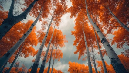 Aufkleber - Serene woodland scene featuring tall birch trees with colorful fall foliage and overcast sky.