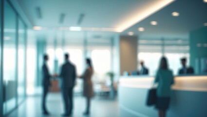 Poster - Office hall of a bank with people and blurred waiting area in the lobby