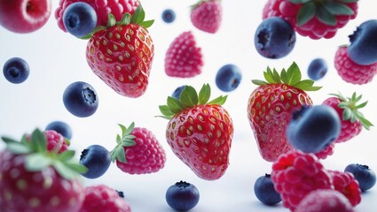 Poster - Wild berries falling in a mix against a white background, isolated with focus