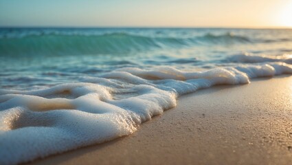 Poster - Clear water and ocean wave rolling onto white sand shore under bright sunlight
