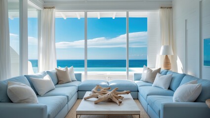 Poster - Seaside-inspired living space with a light blue sectional sofa, natural decor, and expansive views through large windows, perfect for relaxation