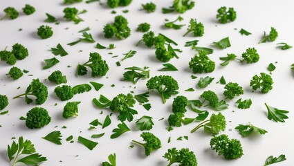 Poster - Green parsley leaves cut into pieces on white background