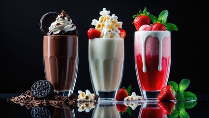 Poster - Colorful trio of milkshake drinksâ€”chocolate, strawberry, and vanillaâ€”adorned with berries and mint on a dark background.