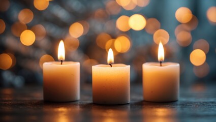 Poster - Three candles glowing amidst an abstract bokeh light background